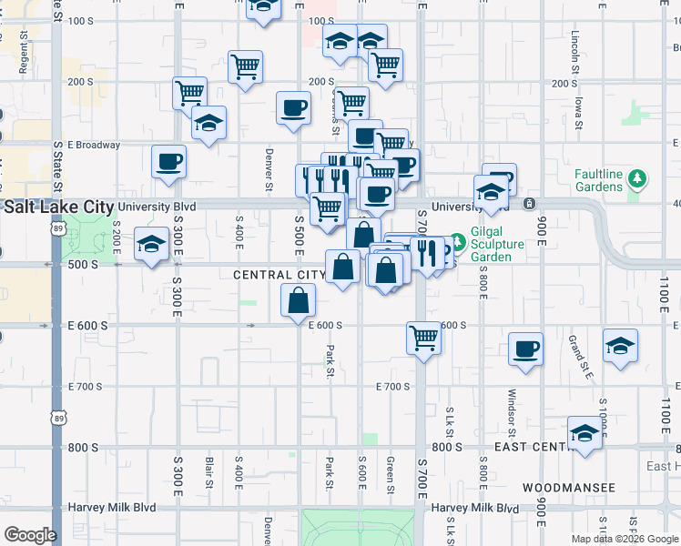 map of restaurants, bars, coffee shops, grocery stores, and more near in Salt Lake City