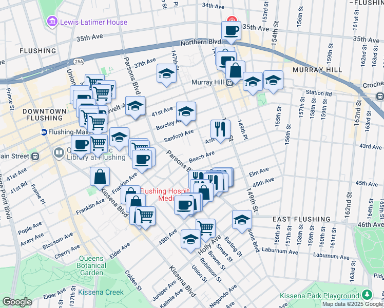 map of restaurants, bars, coffee shops, grocery stores, and more near 146-19 Beech Avenue in Queens