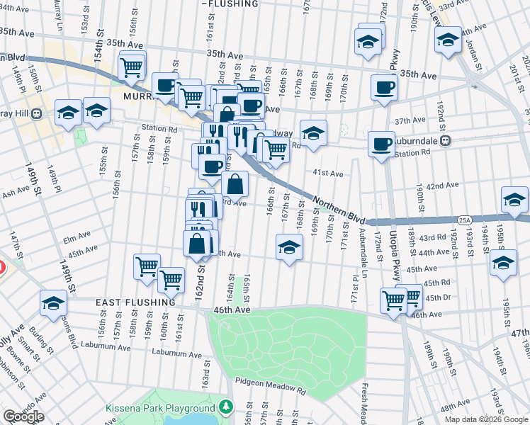 map of restaurants, bars, coffee shops, grocery stores, and more near 43-20 165th Street in Queens