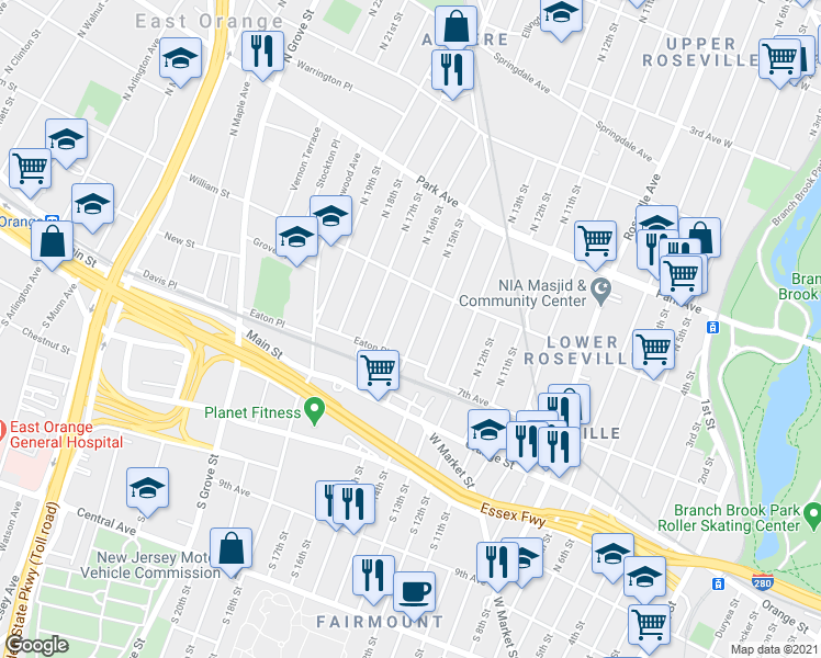 map of restaurants, bars, coffee shops, grocery stores, and more near 65 North 15th Street in East Orange