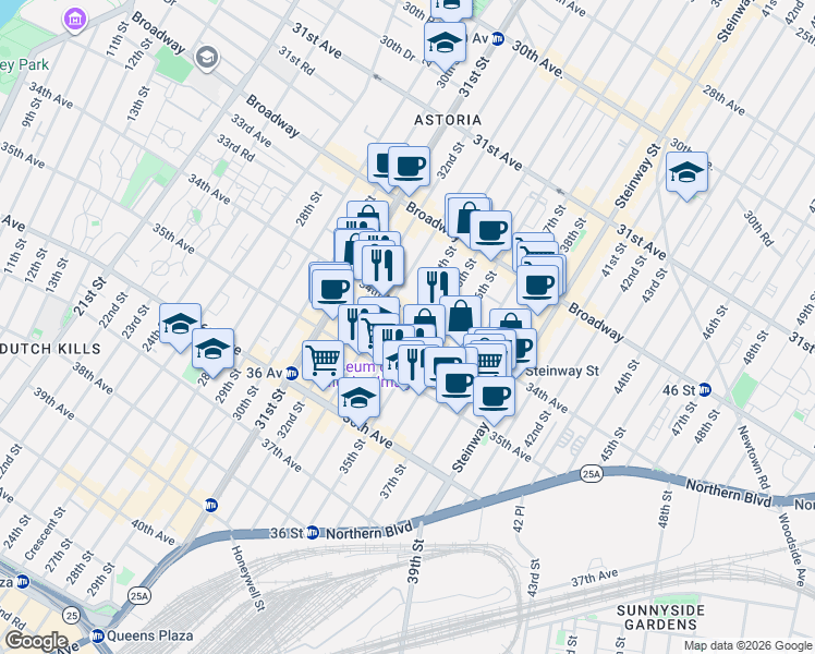 map of restaurants, bars, coffee shops, grocery stores, and more near 34-11 34th Street in Queens