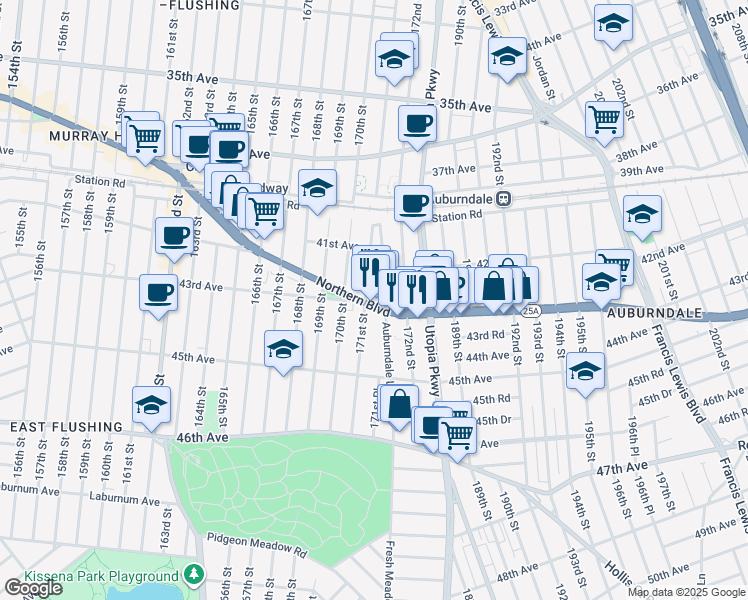 map of restaurants, bars, coffee shops, grocery stores, and more near 17109 Northern Boulevard in Queens