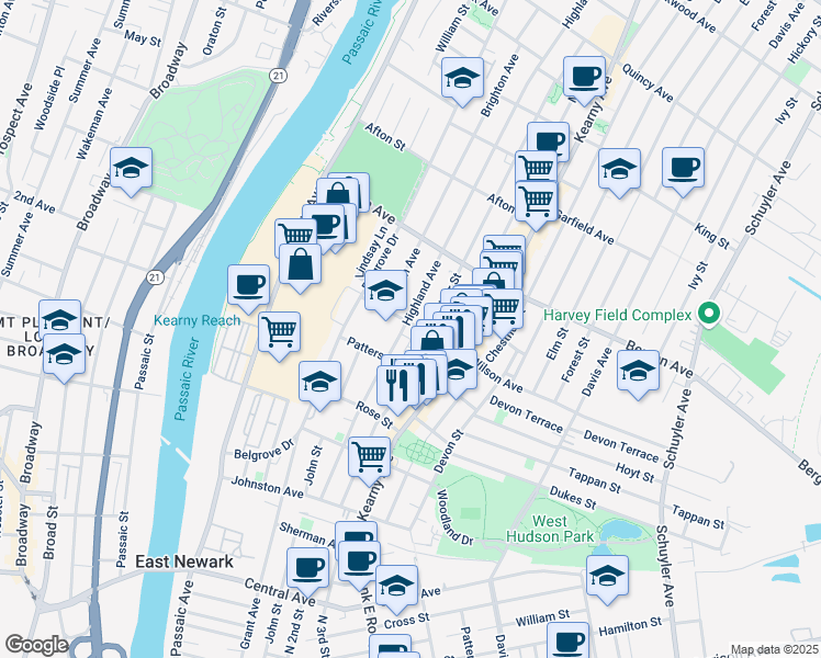 map of restaurants, bars, coffee shops, grocery stores, and more near 46 Wilson Avenue in Kearny