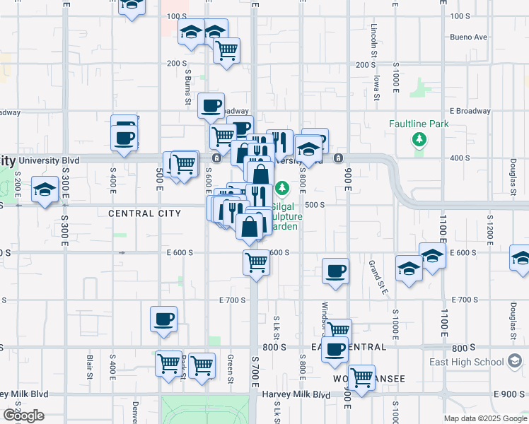 map of restaurants, bars, coffee shops, grocery stores, and more near 505 South 700 East in Salt Lake City
