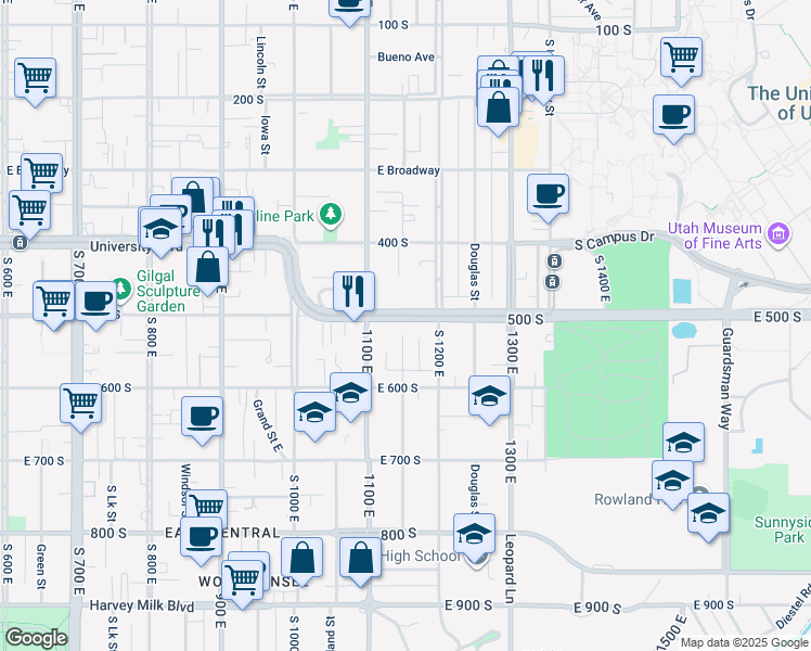 map of restaurants, bars, coffee shops, grocery stores, and more near 1144 University Boulevard in Salt Lake City