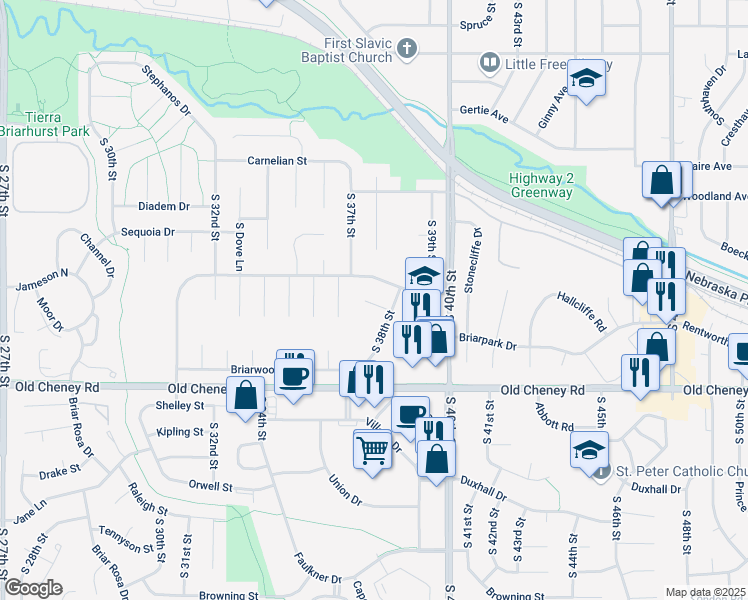 map of restaurants, bars, coffee shops, grocery stores, and more near 5507 South 38th Street in Lincoln