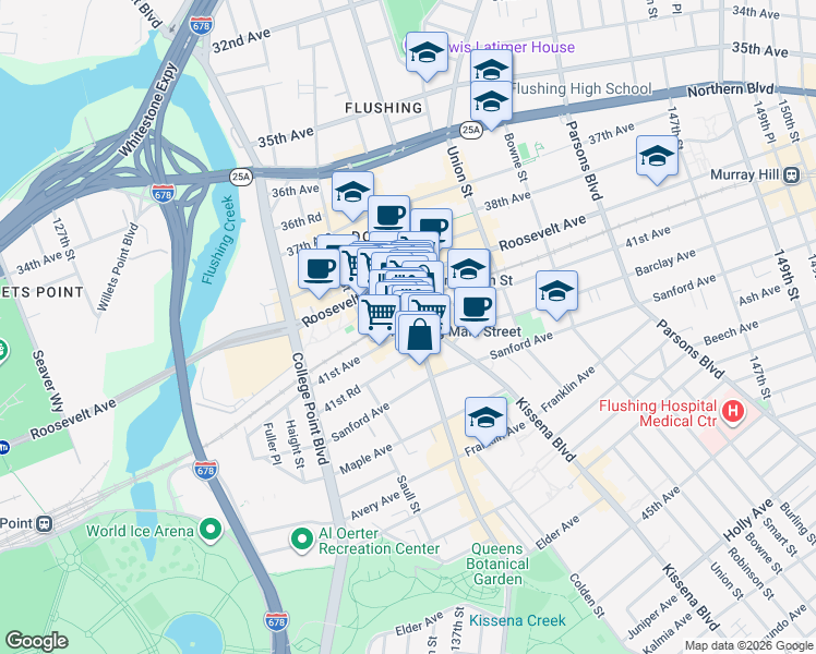 map of restaurants, bars, coffee shops, grocery stores, and more near 40-52 Main Street in Queens