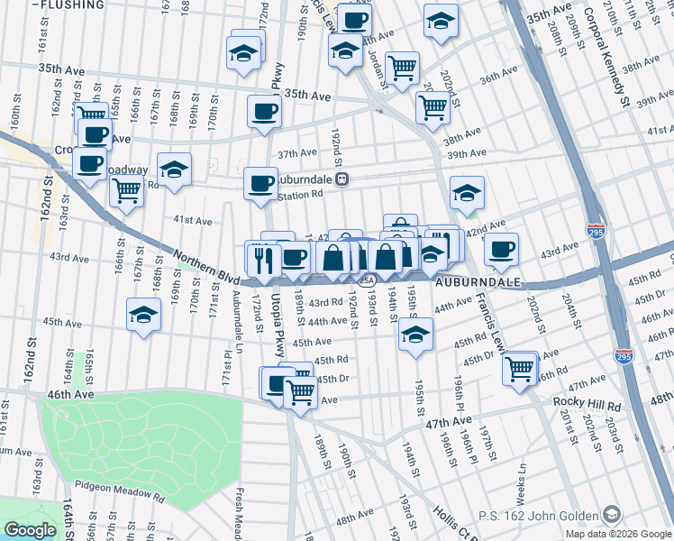 map of restaurants, bars, coffee shops, grocery stores, and more near 42-50 193rd Street in Queens