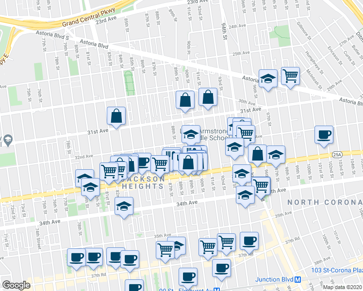 map of restaurants, bars, coffee shops, grocery stores, and more near 88-10 32nd Avenue in Queens