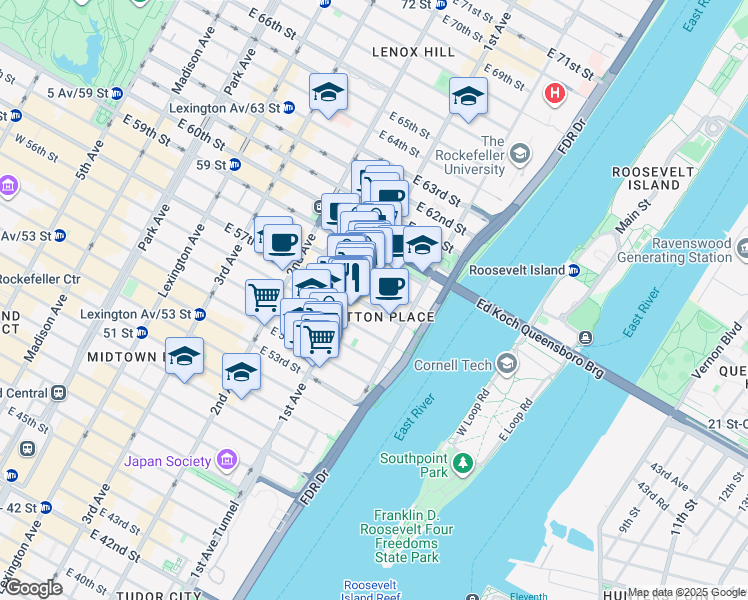 map of restaurants, bars, coffee shops, grocery stores, and more near 431 East 57th Street in New York