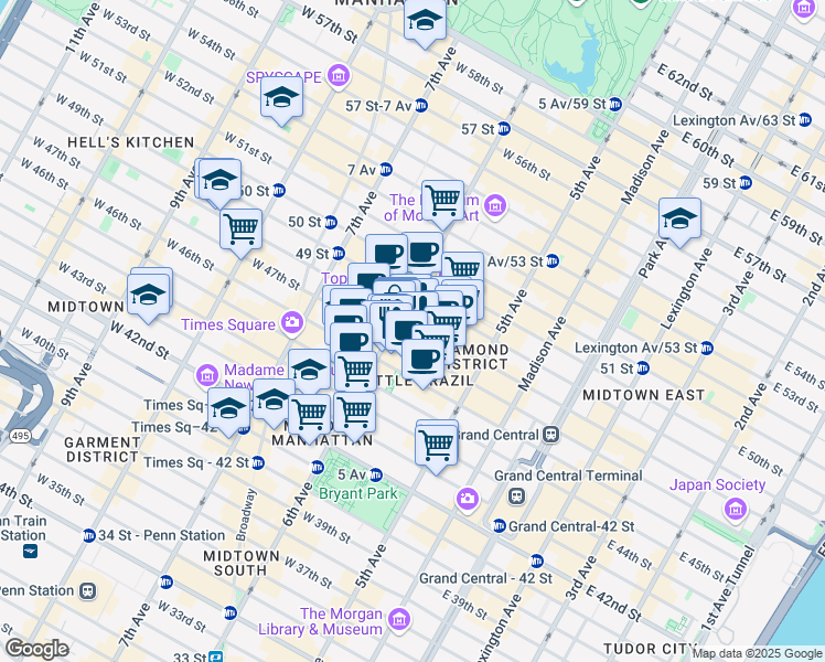 map of restaurants, bars, coffee shops, grocery stores, and more near 1220 6th Avenue in New York