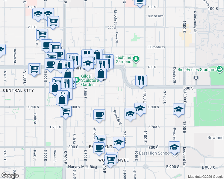 map of restaurants, bars, coffee shops, grocery stores, and more near 932 East 500 South in Salt Lake City