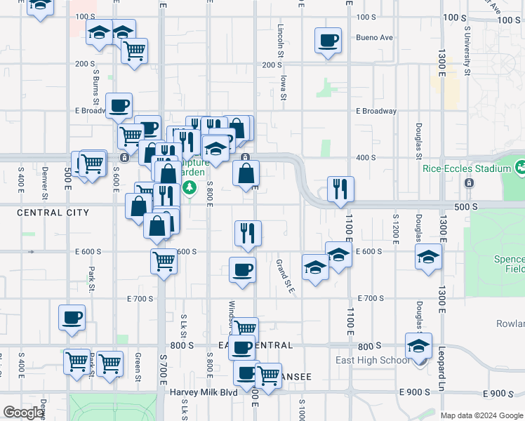 map of restaurants, bars, coffee shops, grocery stores, and more near in Salt Lake City