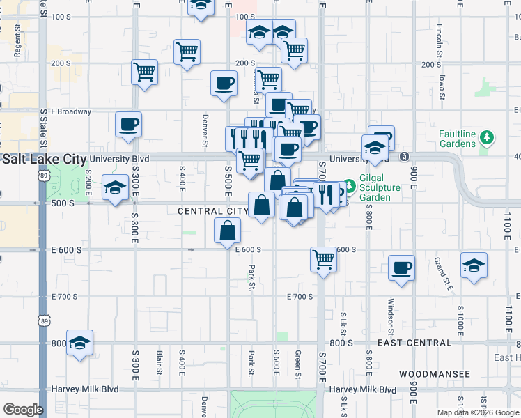 map of restaurants, bars, coffee shops, grocery stores, and more near in Salt Lake City