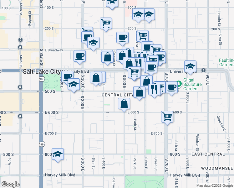 map of restaurants, bars, coffee shops, grocery stores, and more near in Salt Lake City