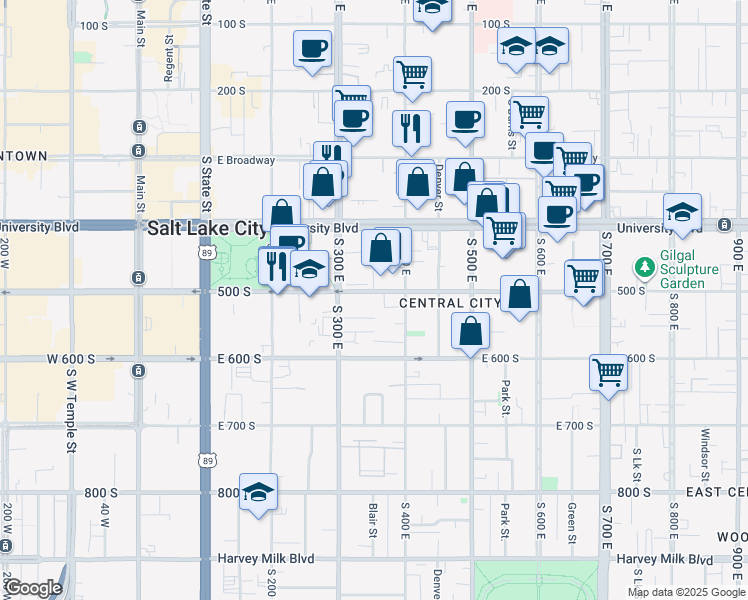 map of restaurants, bars, coffee shops, grocery stores, and more near 350 500 South in Salt Lake City