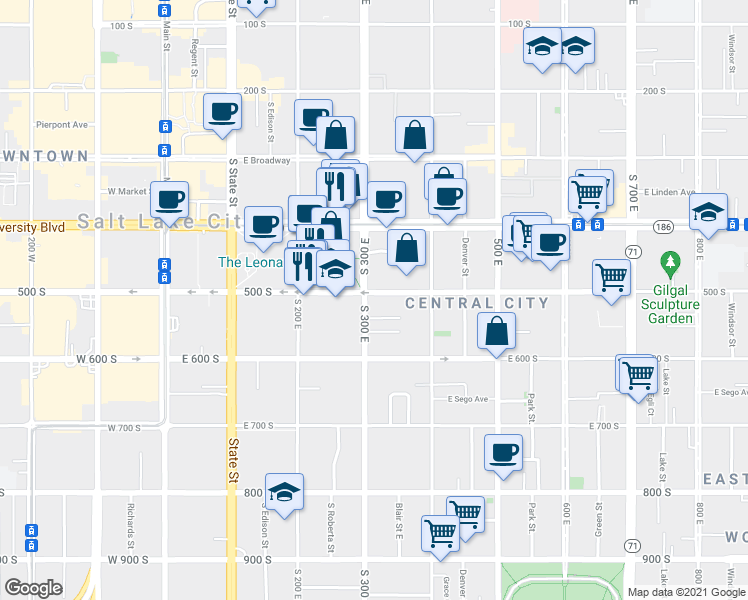 map of restaurants, bars, coffee shops, grocery stores, and more near 523 South 300 East in Salt Lake City
