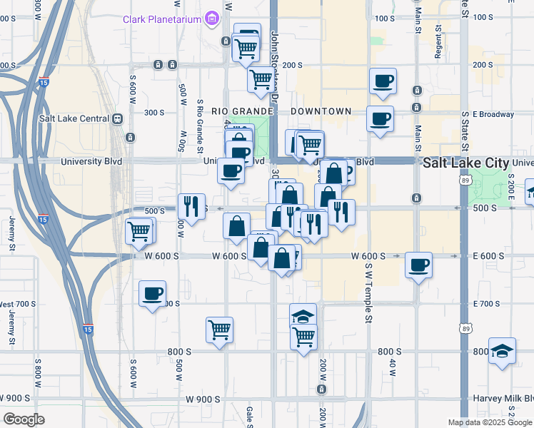 map of restaurants, bars, coffee shops, grocery stores, and more near 525 West 500 South in Salt Lake City