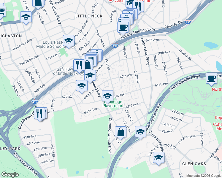 map of restaurants, bars, coffee shops, grocery stores, and more near 60-36 251st Street in Queens