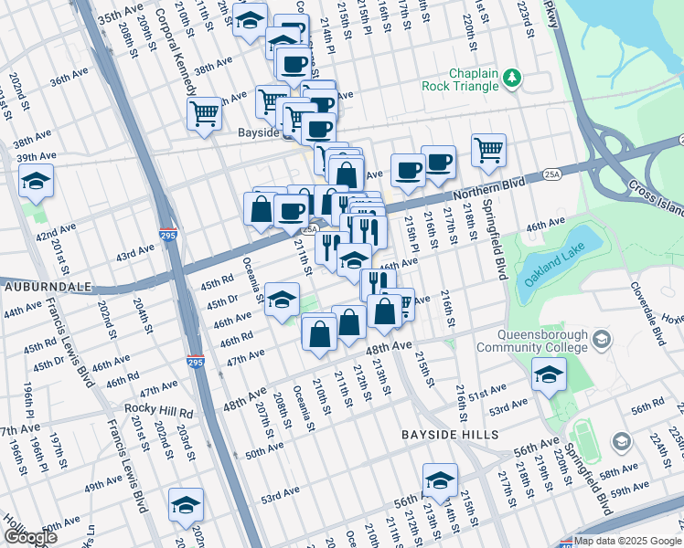 map of restaurants, bars, coffee shops, grocery stores, and more near 211-23 46th Avenue in Queens