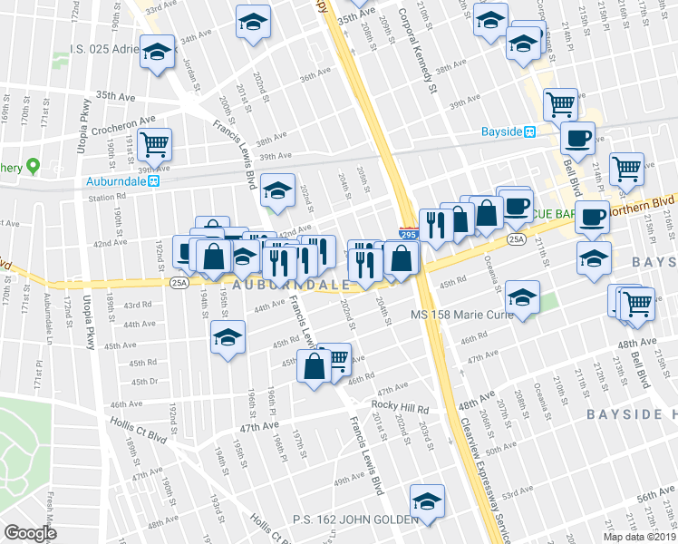 map of restaurants, bars, coffee shops, grocery stores, and more near 202-15 Northern Boulevard in Queens