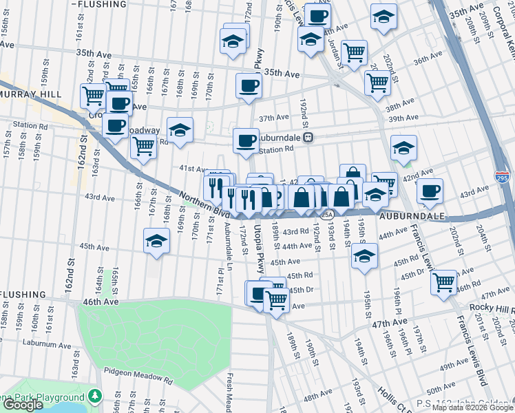 map of restaurants, bars, coffee shops, grocery stores, and more near 188-10 Northern Boulevard in Queens
