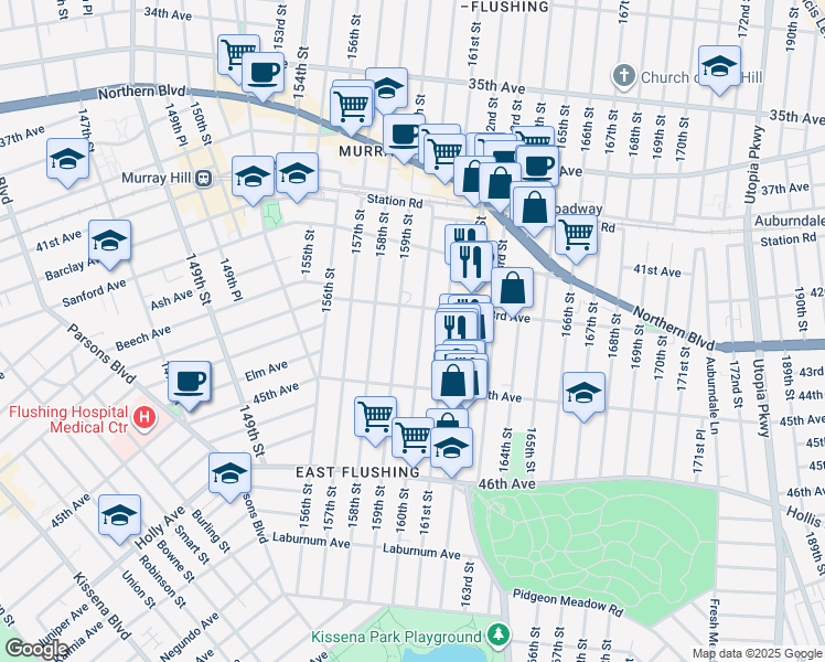 map of restaurants, bars, coffee shops, grocery stores, and more near 43-31 160th Street in Queens