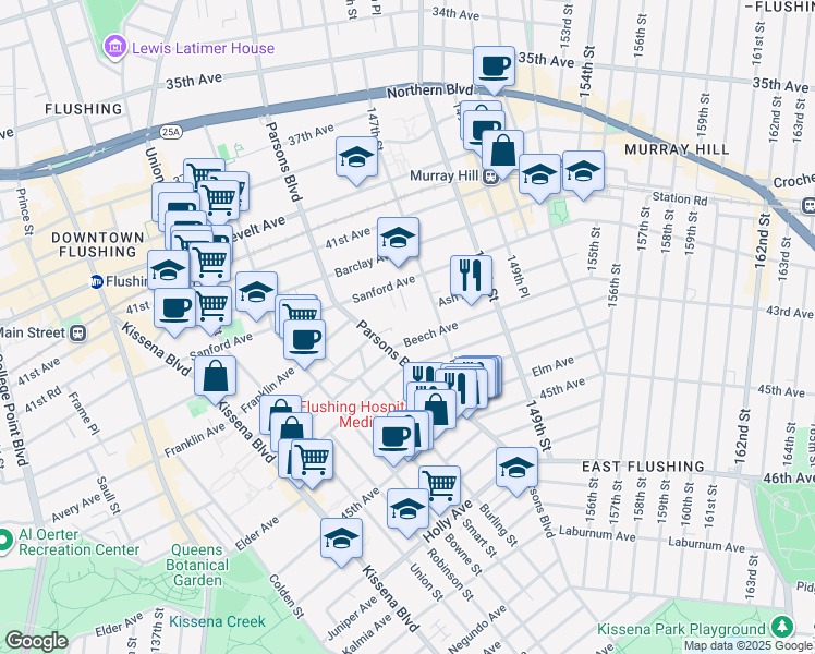 map of restaurants, bars, coffee shops, grocery stores, and more near 146-19 Beech Avenue in Queens