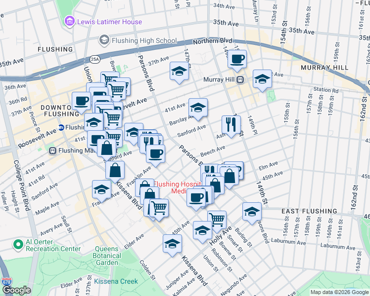 map of restaurants, bars, coffee shops, grocery stores, and more near 143-73 Ash Avenue in Queens