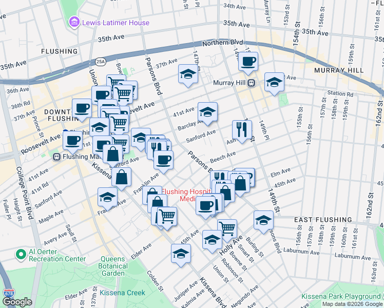 map of restaurants, bars, coffee shops, grocery stores, and more near 143-73 Ash Avenue in Queens