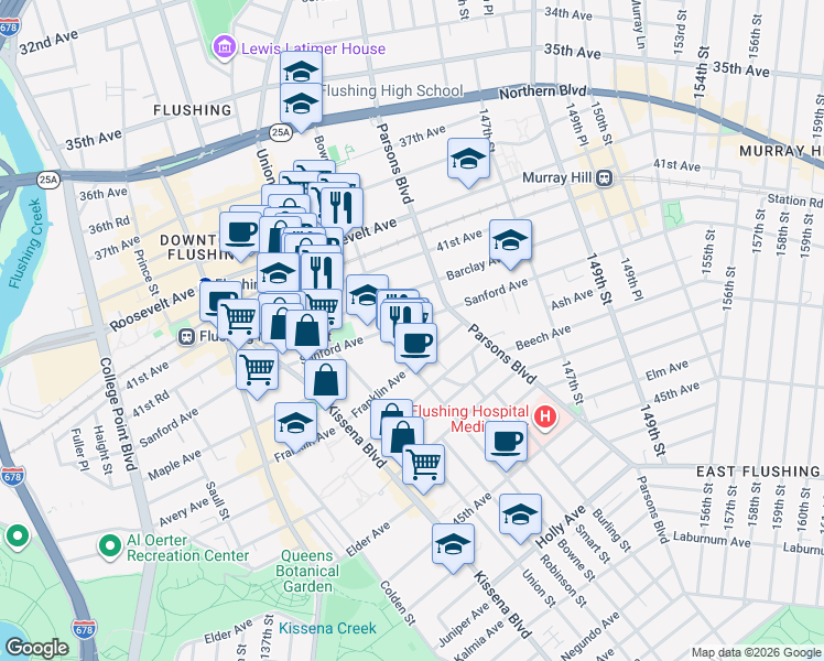 map of restaurants, bars, coffee shops, grocery stores, and more near 143-20 Sanford Avenue in Queens