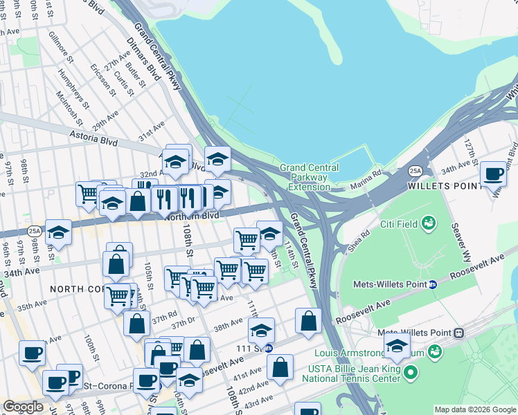 map of restaurants, bars, coffee shops, grocery stores, and more near 112-24 Northern Boulevard in Queens