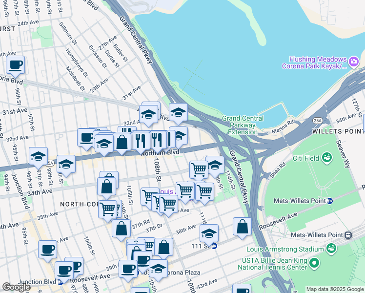 map of restaurants, bars, coffee shops, grocery stores, and more near 111-7 Northern Boulevard in Queens