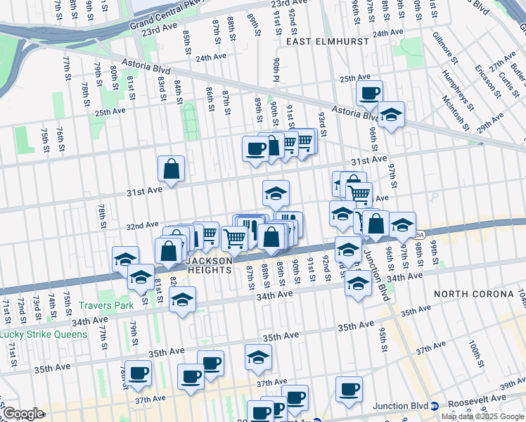 map of restaurants, bars, coffee shops, grocery stores, and more near 88-10 32nd Avenue in Queens