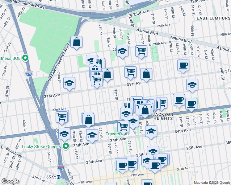 map of restaurants, bars, coffee shops, grocery stores, and more near 31-26 78th Street in Queens