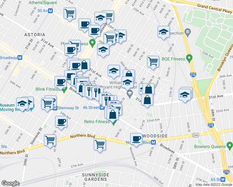 map of restaurants, bars, coffee shops, grocery stores, and more near 31-32 47th Street in Queens