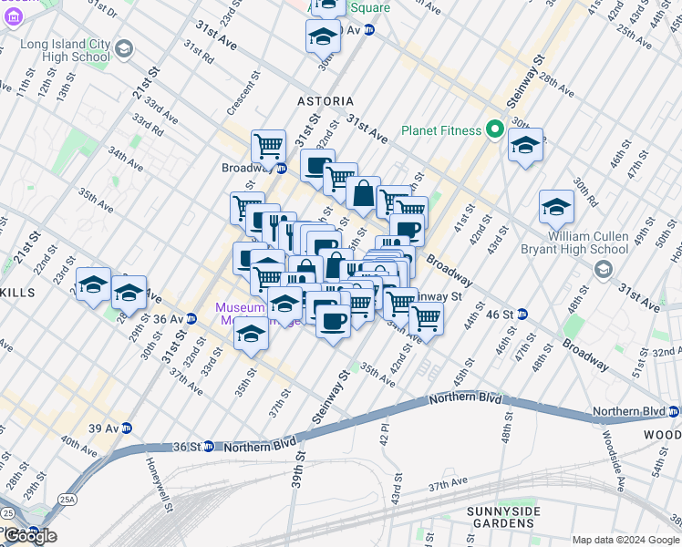 map of restaurants, bars, coffee shops, grocery stores, and more near 32-85 36th Street in Queens