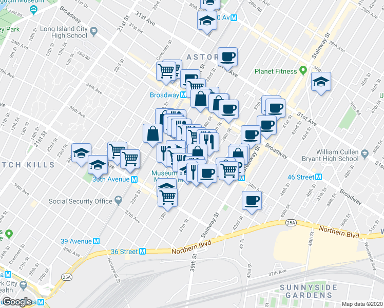 map of restaurants, bars, coffee shops, grocery stores, and more near 32-85 35th Street in Queens