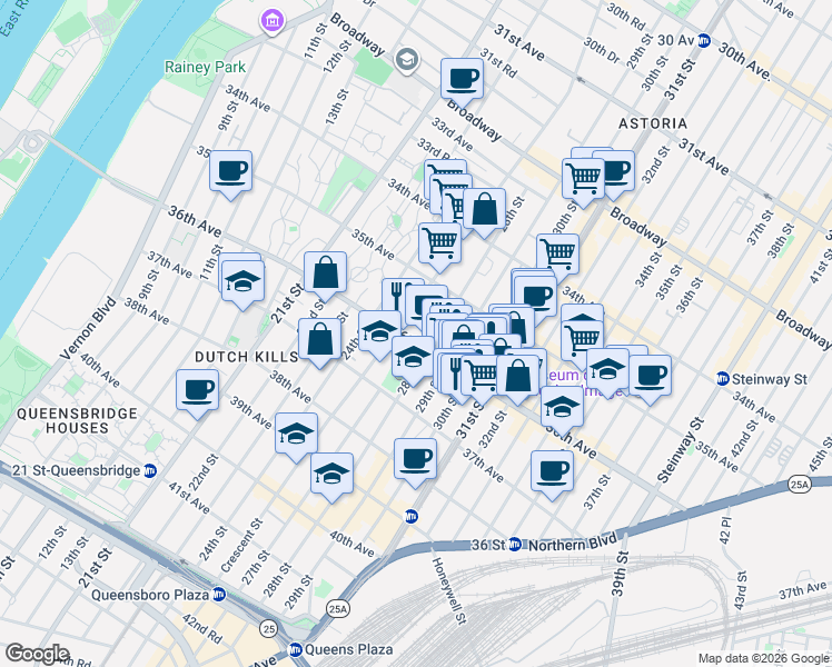 map of restaurants, bars, coffee shops, grocery stores, and more near 3550 28th Street in Queens