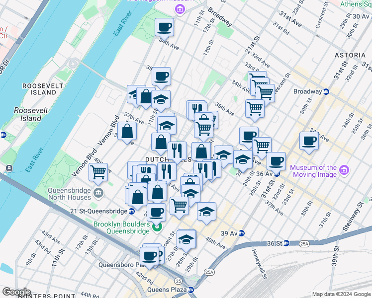 map of restaurants, bars, coffee shops, grocery stores, and more near 37-03 21st Street in Queens