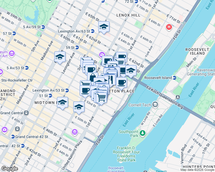 map of restaurants, bars, coffee shops, grocery stores, and more near 1031 1st Avenue in New York