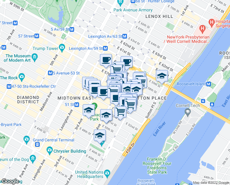 map of restaurants, bars, coffee shops, grocery stores, and more near in New York