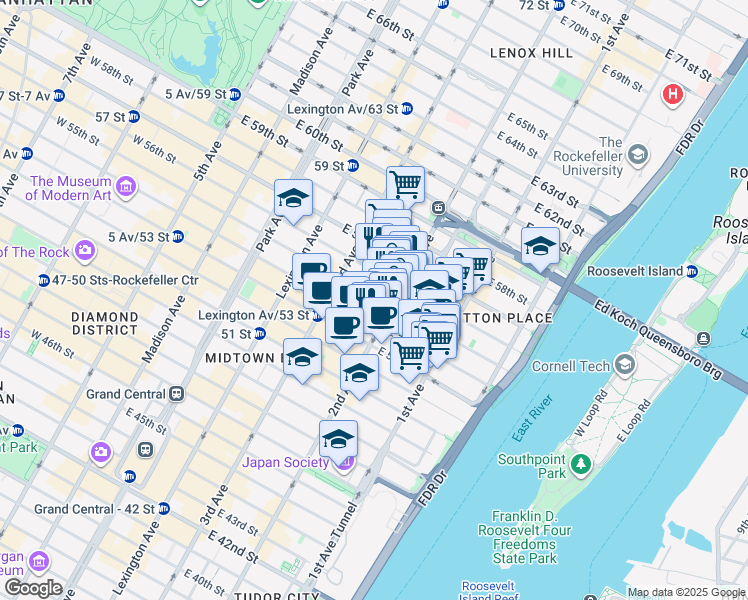 map of restaurants, bars, coffee shops, grocery stores, and more near in New York