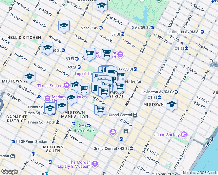 map of restaurants, bars, coffee shops, grocery stores, and more near 38w West 48th Street in New York