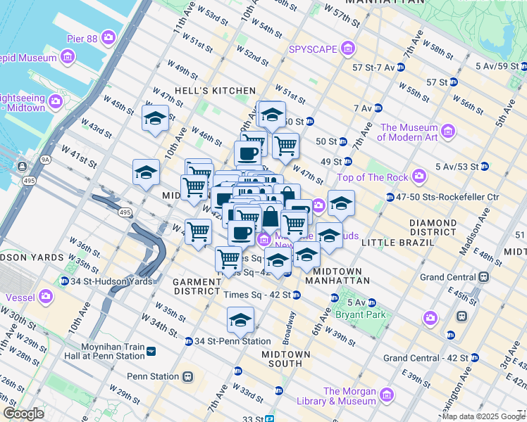 map of restaurants, bars, coffee shops, grocery stores, and more near 300 West 44th Street in New York