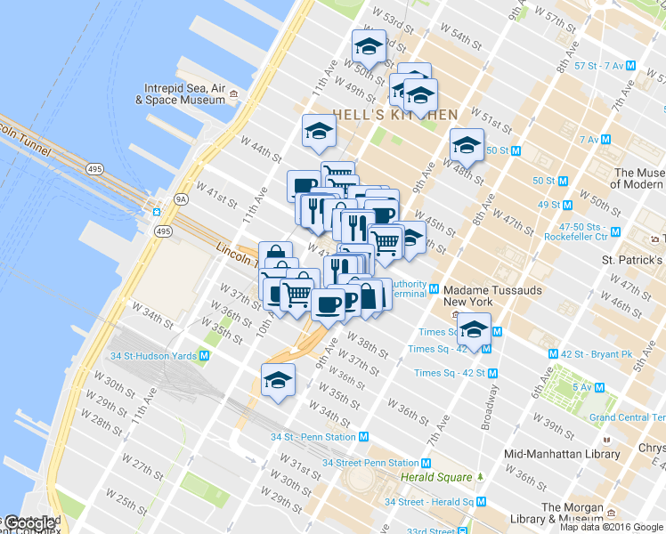 map of restaurants, bars, coffee shops, grocery stores, and more near 440 West 41st Street in New York