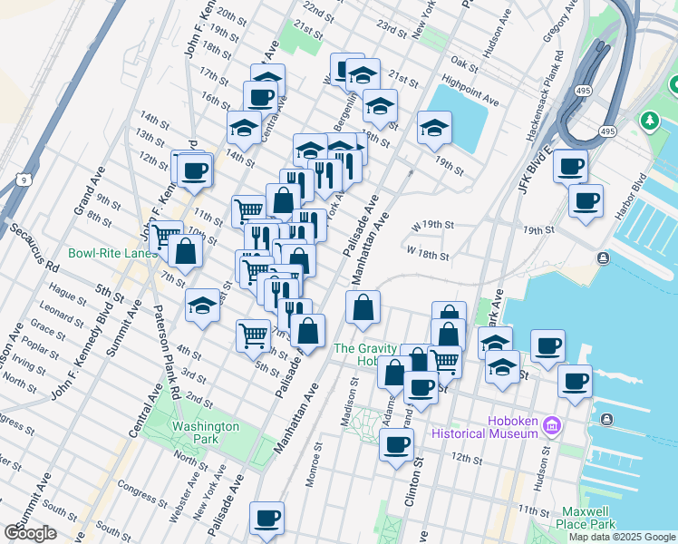 map of restaurants, bars, coffee shops, grocery stores, and more near 1009 Palisade Avenue in Union City