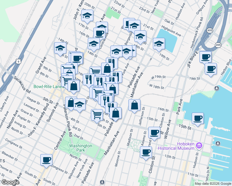 map of restaurants, bars, coffee shops, grocery stores, and more near 914 New York Avenue in Union City