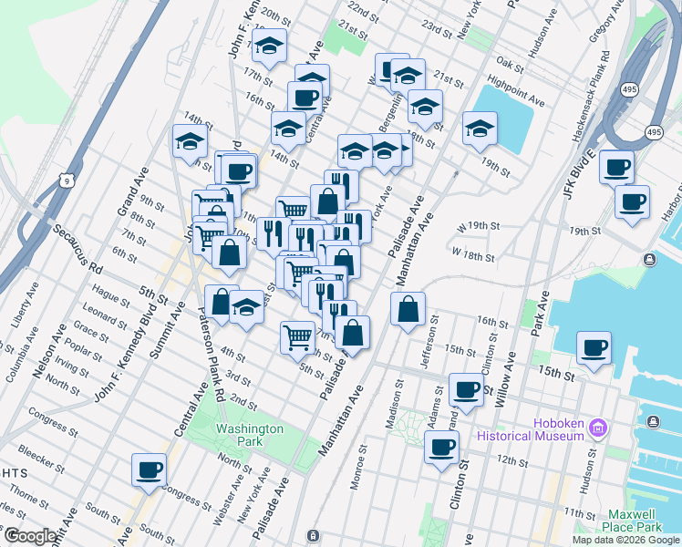 map of restaurants, bars, coffee shops, grocery stores, and more near 914 New York Avenue in Union City
