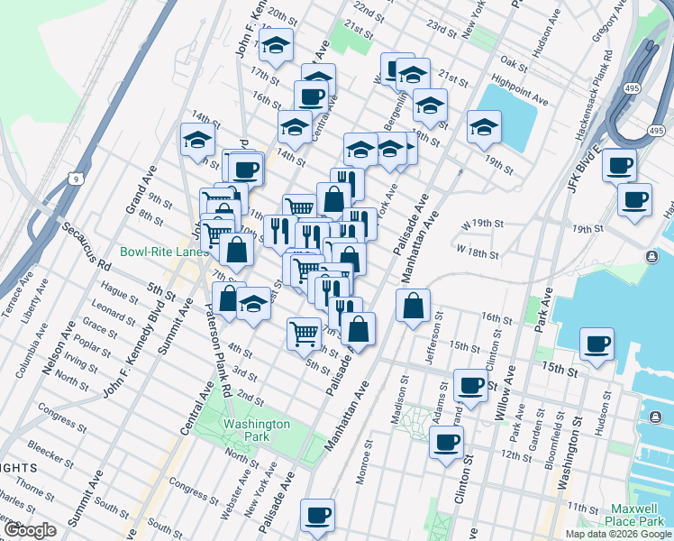 map of restaurants, bars, coffee shops, grocery stores, and more near 914 New York Avenue in Union City
